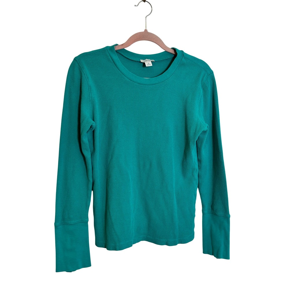 Sundance Thermal Knit Top Size M Teal Green Button Cuff Waffle Long Sleeve